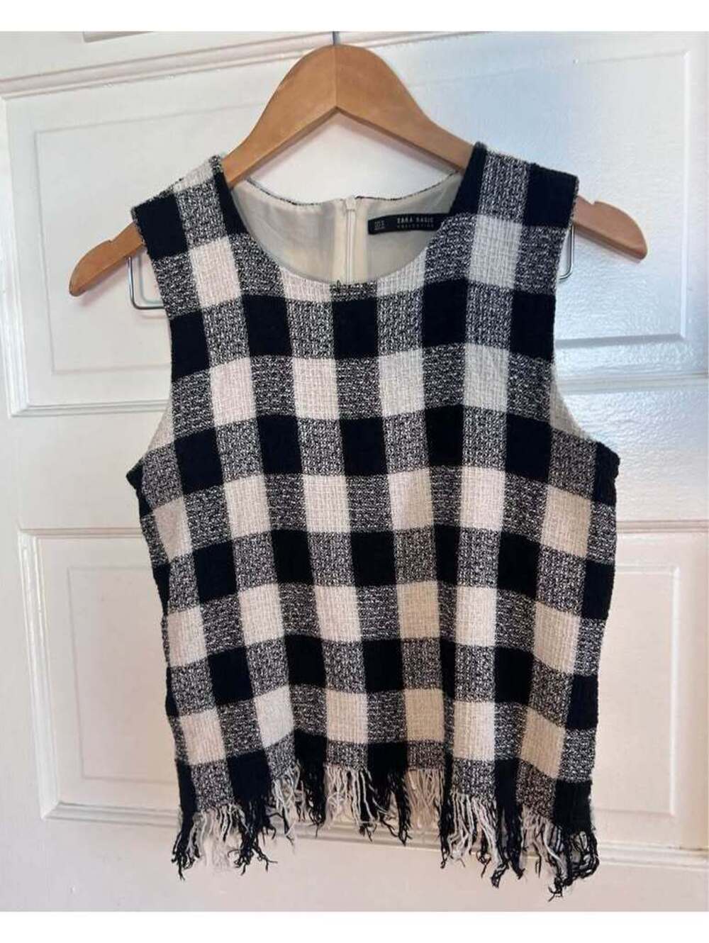 Zara Basic Collection Black and White Gingham Fringe Top size Medium